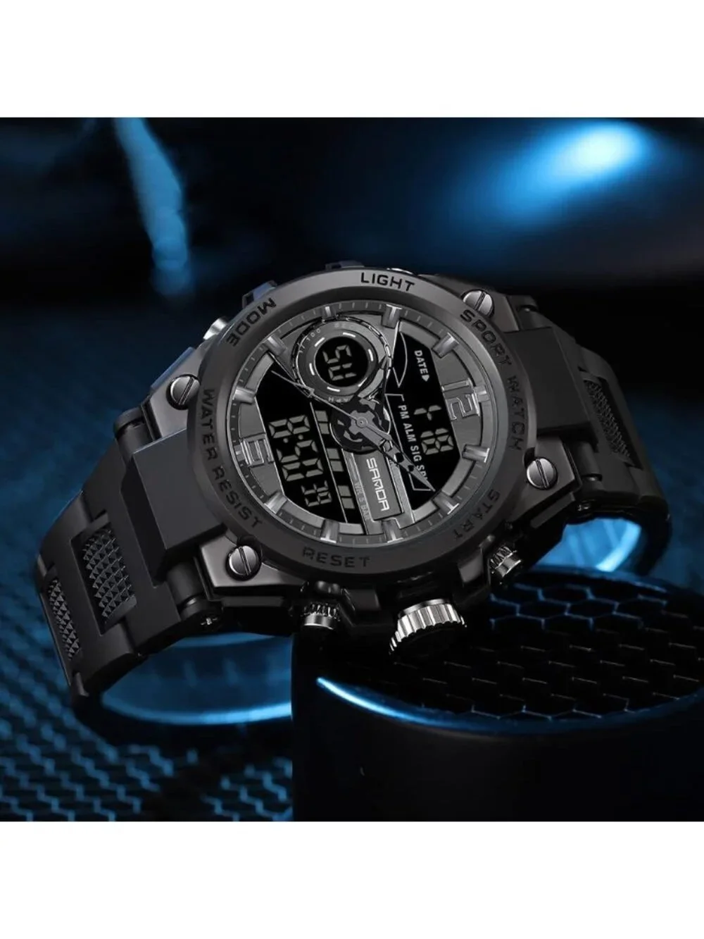 Mens All Black Analog Quartz Sport Outdoor Waterproof Military LED Digital Watch